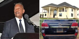A photo collage of Tom Osinde speaking at an event, his house in Nakuru County and his car that was recovered by police on June 22, 2023.