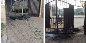A collage photo of the torched gate, broken glass and burned tyres at Zacharia Barasa's home in Bungoma