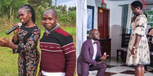 A collage photo of Bomet Women Representative Linet Chepkorir and Boda Boda rider Gideon Cheruyiot (left) and Godfrey Kimutai proposing to the lawmaker on February 14, 2023.