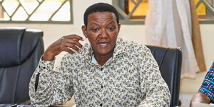 Tourism CS Alfred Mutua speaking during a meeting with Taita Taveta leaders on April 3, 2024