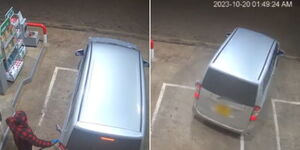 A photo collage of a Toyota Noah driver speeding off from a petrol station in Kiambu County on October 20, 2023.