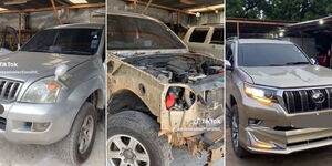 A photo collage of a Toyota Prado120 2009 model undergoing a facelift to a Prado150 2020 model. 
