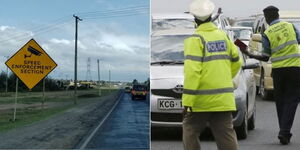 A photo collage of a speed camera installed along the Nairobi - Nakuru Highway in Naivasha taken on July 7, 2023 (left) and police enforcing traffic rules on March 22, 2020. (right).