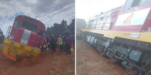Images showing a derailed freight train leaning on its side on Tuesday, December 16, 2025.