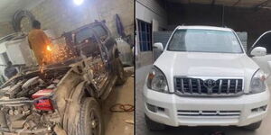A before and after photo collage of a white Toyota Land Cruiser J125. 