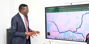 Transport Cabinet Secretary Davis Chirchir assessing the state of roads in Laikipia County during a meeting with the leaders from the county on Monday, September 1. 