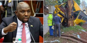 Transport Cabinet Secretary Kipchumba Murkomen (left) and a crashed bus in Nairobi.