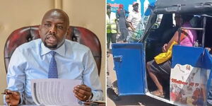 Transport Cabinet Secretary Kipchumba Murkomen (left) and a tuktuk whose rider escaped police net in Kisumu.
