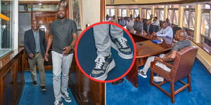 Transport CS Kipchumba Murkomen at KAA offices at JKIA on Saturday, August 26, 2023. (Inset: shoes won by CS Murkomen).