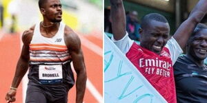 American sprinter Trayvon Bromell (left) and a Kenyan fan who attended the Kip Keino classic in Nairobi