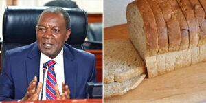 Treasury CS Njuguna Ndung'u speaking in Parliament in 2023 (left) and slices of bread.