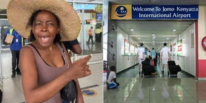 A photo collage of YouTube star Miss Trudy (left) and Jomo Kenyatta International Airport entrance.