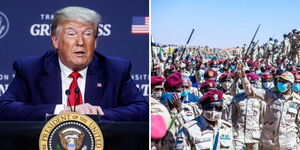 A photo collage of President Donald Trump and the RSF militia.