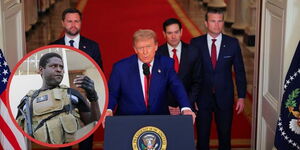 US President Donald Trump addressing the press, and a photo insert of Gang Leader Jimmy Cherizier alias Barbecue.