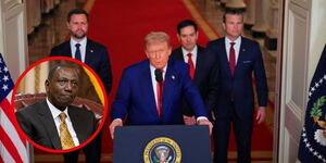 The United States President Donald Trump, addressing the press at White House in June 2025, and an insert of President William Ruto.