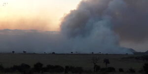 Smoke engulf the sky as a fire rages on at Tsavo East National Park on May 29, 2020.