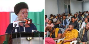 TSC CEO Nancy Macharia speaking at the launch of the 2023 national examinations season on September 25, 2023
