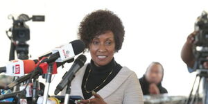 TSC CEO Nancy Njeri Macharia speaking during the release of the 2023 KCPE at Mtihani House in Nairobi in November 2023.