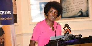 A photo of the Teachers Service Commission, Chairperson Nancy Macharia addressing journalists on February 23