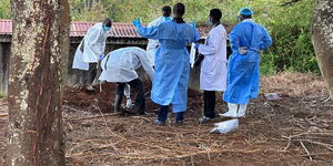Homicide detectives exhume remains of the body believed to be of former KVDA Managing Director Silvenus Tubei at his home in Tumeiyo, Keiyo South on Thursday, January 4, 2024. 