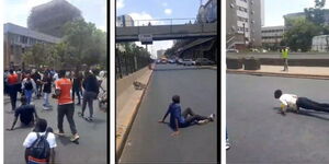 A collage photo of Technical University of Kenya Students Staging protests in the CBD on February 20