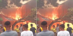 A photo collage of Technical University of Mombasa student centre engulfed in fire on Monday, June 26, 2023.