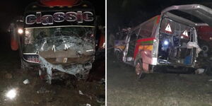A photo collage of Classic Bus and 14-seater matatu involved in road accident at Twin Bridge area in Mau Summit along Nakuru-Eldoret Highway on January 9, 2023