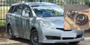 A Toyota Wish. Insert: the damaged tyres belonging to the vehicle after hitting potholes.