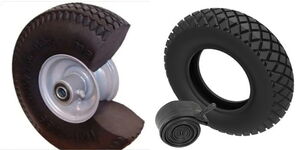 A photo collage of a solid tyre (left) and a pneumatic tyre (right).