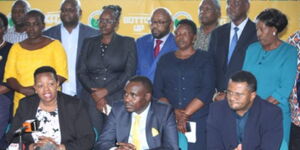 Former UDA Secretary-General (SG) Veronica Mainai (left) newly nominated party SG Cleophas Malala (centre) and Vice Chairperson Hassan Omar (right) during a press conference at party headquarters in Nairobi on Monday, February 27, 2023.