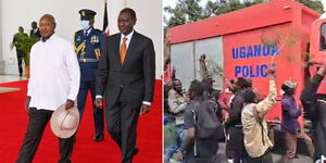 President William Ruto and his Ugandan counterpart Yoweri Museveni at State House on May 16, 2024 (left) and a Uganda Police fire truck photographed in Nakuru on Thursday, June 21, 2024.