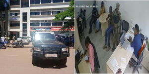 A photo collage of A=a Ugandan police vehicle (left) outside a crime scene where a lender was shot on May 12, 2023 and CCTV images (right) of the incident.