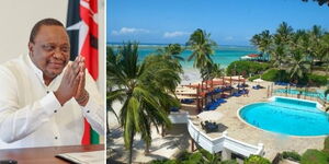 A side-by-side image of former president Uhuru Kenyatta and an aerial view of Voyager Beach Resort in Mombasa County
