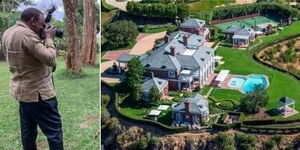 A collage image of former president Uhuru Kenyatta (l) and a mansion belonging to Canadian ice hockey legend Wayne Gretzky.