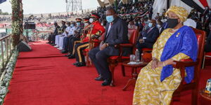 First Lady Margaret Kenyatta (right) and President Uhuru Kenyatta at Nyayo Stadium on December 12, 2020.