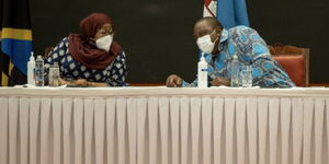 Presidents Samia Suluhu (Tanzania) and Uhuru Kenyatta (Kenya) at the joint business summit between Kenya and Tanzania at Serena hotel in Nairobi on May 5, 2021.