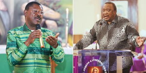 A photo collage of National Assembly Speaker Moses Wetang'ula and former President Uhuru Kenyatta at functions. 