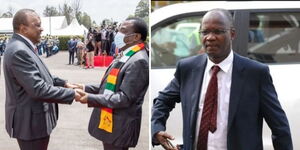 President Uhuru Kenyatta and his Zimbabwean counterpart Emmerson Mnangagwa (left) and Zimbabwe's former Minister of Higher Education, Jonathan Moi.
