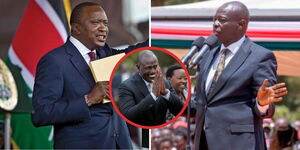 A photo collage of former President Uhuru Kenyatta (left) and Deputy President Rigathi Gachagua (right) and a photo insert of President William Ruto (centre)