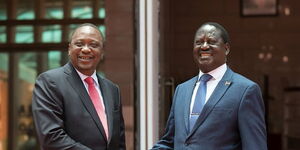 President Uhuru Kenyatta (left) and Raila Odinga after a meeting at Harambee House on March 9, 2018. 