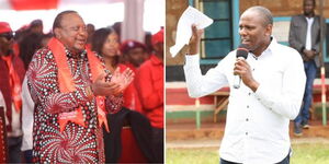 Photo collage of former President Uhuru Kenyatta during Jubilee NDC and Kikuyu MP Kimani Ichung'wah speaking on 