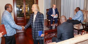 A photo collage of former President Uhuru Kenyatta meeting with US Meg Whitman (left) and a delegation from the European Union (right).
