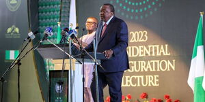 Former President Uhuru Kenyatta speaking during the event in Abuja, Nigeria on May 27, 2023.