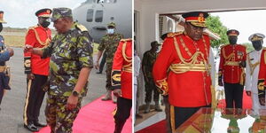 Uhuru arriving at the Kenya Navy Base, Manda Bay in Lamu County (left) and the Head of State officially inaugurating a Trauma Centre at the base on Thursday, September 23. 