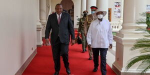 President Uhuru Kenyatta together with President Yoweri Museveni of Uganda at State House Nairobi on April 21,  2022.