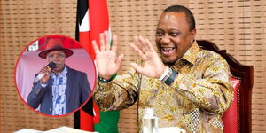 Former President Uhuru Kenyatta gestures during a past teleconference with other Heads of State of the member states of the Intergovernmental Authority on Development (IGAD) at State House, Nairobi  and Maina Njenga (Inset) 