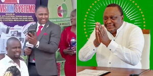A photo collage of Pastor Benson Kiengei on a phone call with former President Uhuru Kenyatta on December 22, 2023 (left) and a profile photo of the former president.