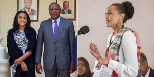 A photo of former President Uhuru Kenyatta and his daughter Ngina Kenyatta at State House on May 2015 (left) and the former first daughter speaking at an event in 2019 (right).
