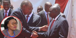 Former President Uhuru Kenyatta shaking hands with Deputy President Rigathi Gachagua at a funeral in 2019 and Githunguri Member of Parliament Gathoni Wamuchomba (in red circle).