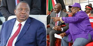 Former President Uhuru Kenyatta attending an event at State House on July 27, 2022 (left) and COTU Secreatry General Francis Atwoli and President William Ruto at Labour Day celebrations on May 1, 2023 (right).